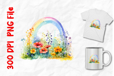 Rainbow And Wild Flowers Watercolor