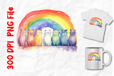 Row Of Cats And Rainbow Watercolor