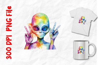 Rainbow Alien Holding Up Peace Sign