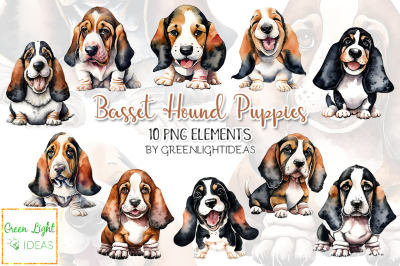 Cute Basset Hound Puppy Dog Clipart, Watercolor Dog Illustrations