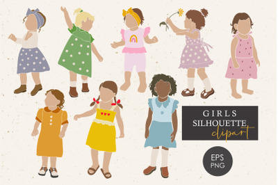 Girls silhouette clipart, Abstract kids silhouette