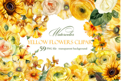 Yellow flower. Watercolor clipart collection Bundle