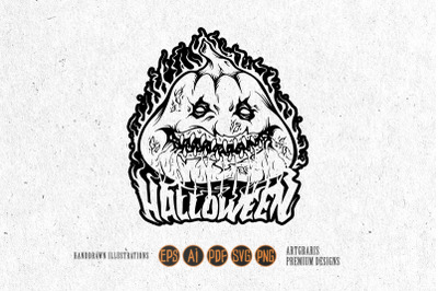 Scary pumpkins flaming lettering halloween melted logo illustrations