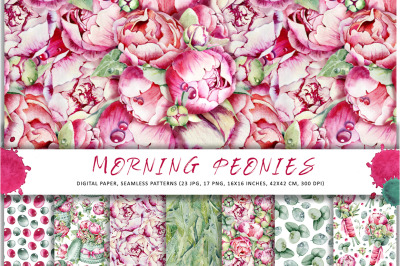 Pink Peonies seamless pattern, floral digital paper set