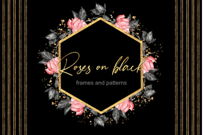Roses on black. Seamless patterns. Frames PNG