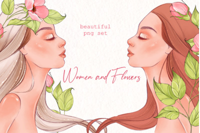 Women and flowers. PNG clipart with flowers