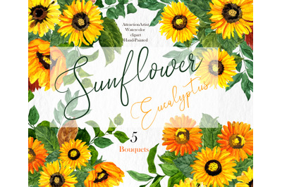 Watercolor Sunflower and Eucalyptus Clipart Set for Invitations, Weddings, and Crafts - Hand-Painted Greenery and Bohemian Boho Flowers