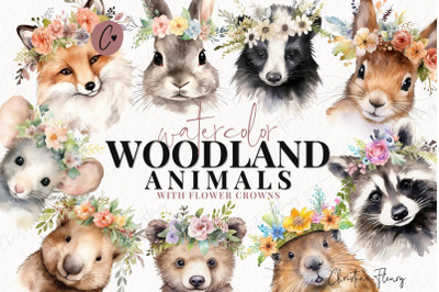 Watercolor Woodland Animals with Flower Crowns Clipart