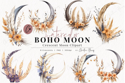 Watercolor Boho Moon Floral Clipart