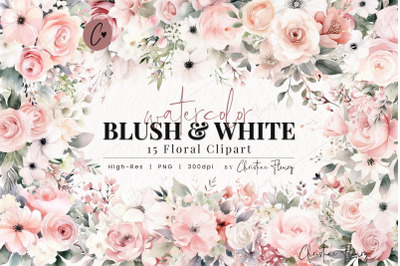 Watercolor Blush and White Floral Clipart