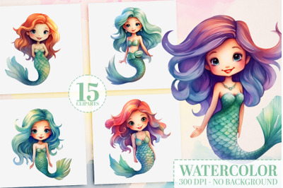 15 Cute Mermaid Clipart - Nursery Decor, Under the Sea Art