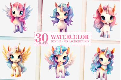 30 Baby Unicorn Watercolor Clipart PNG Bundle, Cute Rainbow