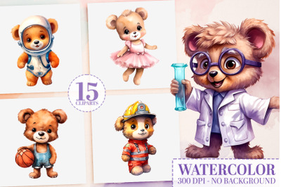 Watercolor Teddy Bear Career Clipart - 15 Job Teddy Bears V2