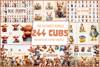 244 Mega Cute Animals Cub Bundle - Watercolor Clipart PNGs
