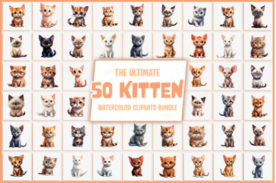 Watercolor Cat Breeds Clipart - 50 Kitten PNGs, Sublimation
