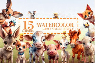 Watercolor Farm Animals Bundle, Cute Baby Animals PNG, Nurse