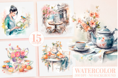Watercolor Tea Party Garden Clipart, Spring Flowers, Cottage
