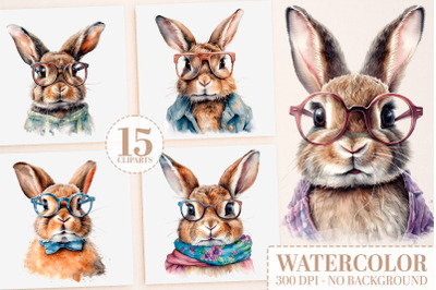 Watercolor Bunny Clipart Bundle: 15 Bunnies with Glasses