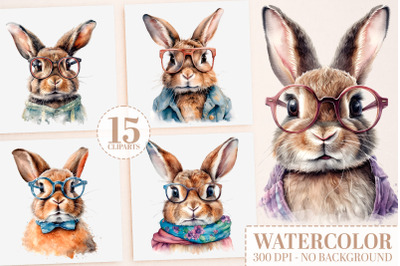 Watercolor Bunny Clipart Bundle&3A; 15 Bunnies with Glasses