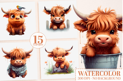 Highland Cow PNG Bundle, 15 Baby Highland Cows Clipart