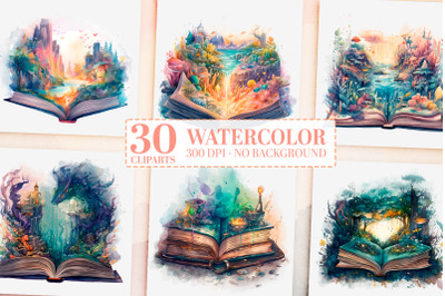 30 Watercolor Vintage &amp; Fantasy Book Clipart, PNG Old Books