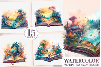 15 Watercolor Vintage Book Clipart, PNG Old Books, Fairytale