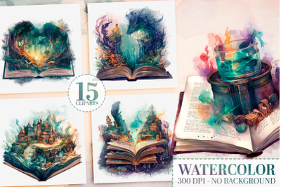 15 Watercolor Fantasy Book Clipart, Vintage Magical Book PNG