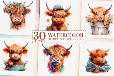 30 Watercolor Highland Cow Clipart, Nursery Wall Art PNG