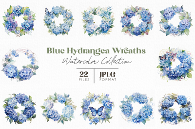 Blue Hydrangea Wreaths Watercolor Collection