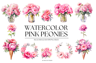 Watercolor Pink Peonies Clipart Set of 12