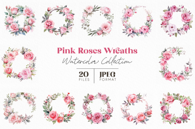 Pink Roses Wreaths Watercolor Collection