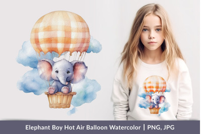 Elephant Boy Hot Air Balloon Watercolor PNG