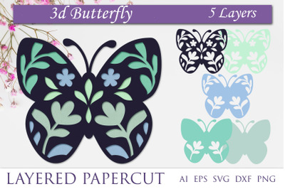 Layered papercut butterfly with flowers 3d svg