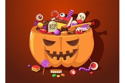 Halloween pumpkin with sweets. Cartoon cute scary basket full of child