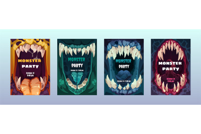 Creepy mouth posters. Cute scary monster lips teeth, colorful comic al