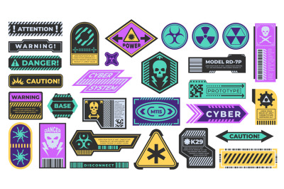 Cyberpunk decal. Warning label for security or warning, rerto-futurist