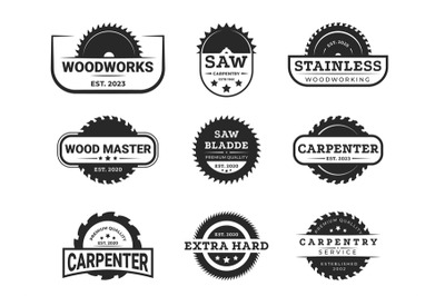 Circular saw carpentry logo. Industrial saw blade silhouettes for logo