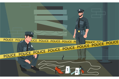 Police crime scene. Criminal murder investigation of detective officer