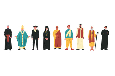 Religion characters. Different religious church leaders, buddhist monk