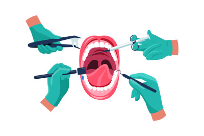 Dental treatment. Dentist hands in medical rubber gloves with instrume