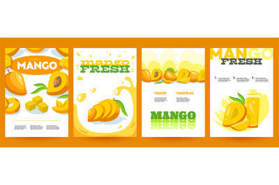 Mango posters. Tropical sweet ripe fruit with text and logo, cartoon o