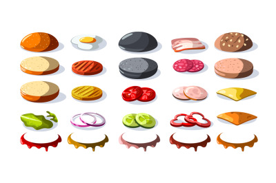 Burger ingredients. Cartoon fast food constructor with cheese sauce on