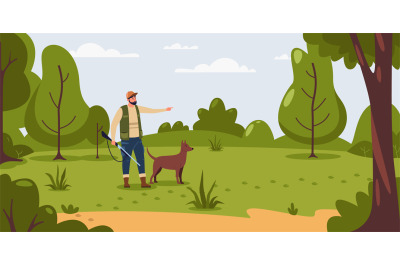 Hunting illustration. Cartoon hunter holding gun and aiming at target