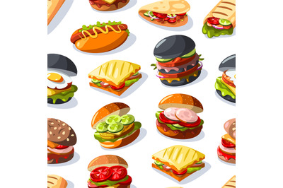 Burger sandwich pattern. Seamless print of fast food sandwiches, hambu