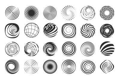 Spiral shapes. Abstract swirl geometric figures, modern wavy circle sp