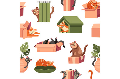 Playing cat pattern. Seamless print of cartoon playful kitten characte