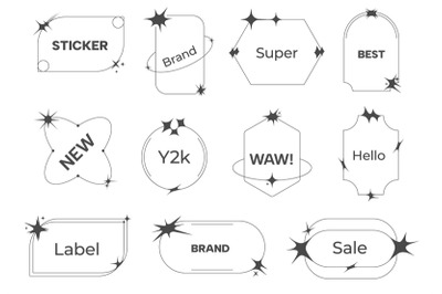 Y2k line labels. Outline linear stickers with vintage retro 70s 80s st