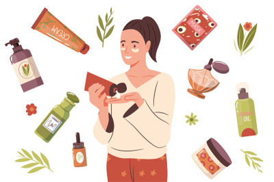 Woman beauty routine cosmetics. Girl personal care products for daily