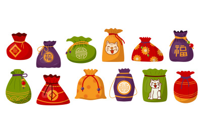 Lucky bags. Cute traditional asian gift with ribbons, holiday festival