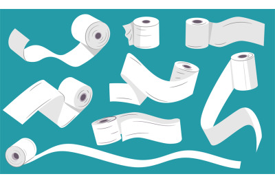 Unwound toilet paper. Tissue roll with ribbons, unrolled hand towel an